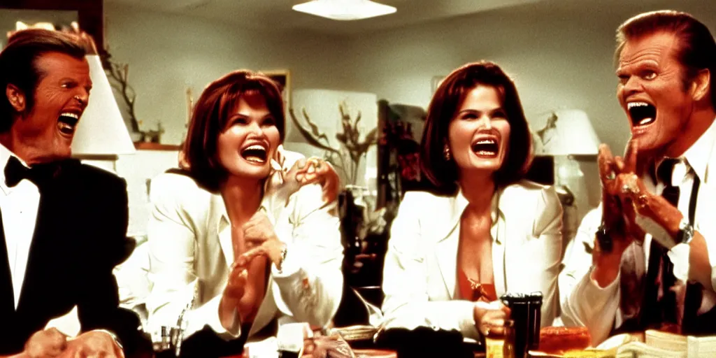 Image similar to still frame of Geena Davis, Roger Moore and Jim Carrey in Pulp Fiction laughing hysterically over a joke