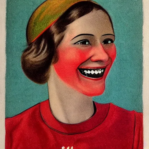Prompt: a 1 9 2 8 color drawing portrait. calm, happy, healthy, smiling, sporty parisienne la couture in simple slender wear with beautiful smile and healthy teeth. realistic, high quality.