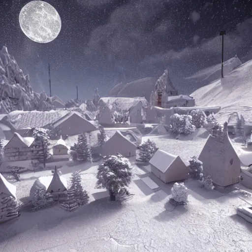 Image similar to a snowy village on the moon, 8 k, highly detailed, unreal engine render