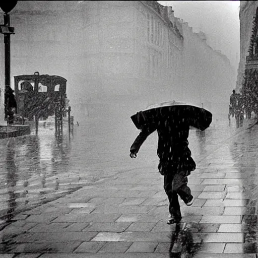 Image similar to the man leaping in a raining paris street, by henri cartier bresson,