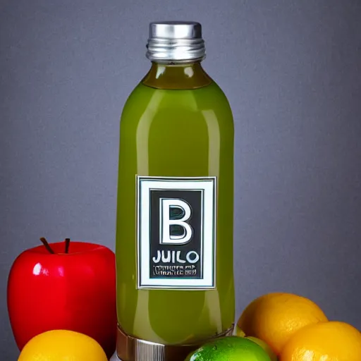 Image similar to A bottle of juice with the letter B printed on it, product photo, studio lighting