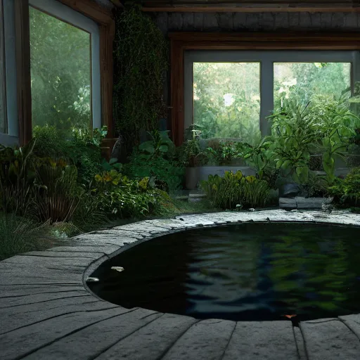 Prompt: a garden with a small pond inside an empty room, atmospheric lighting, octane render, unreal engine, 8 k