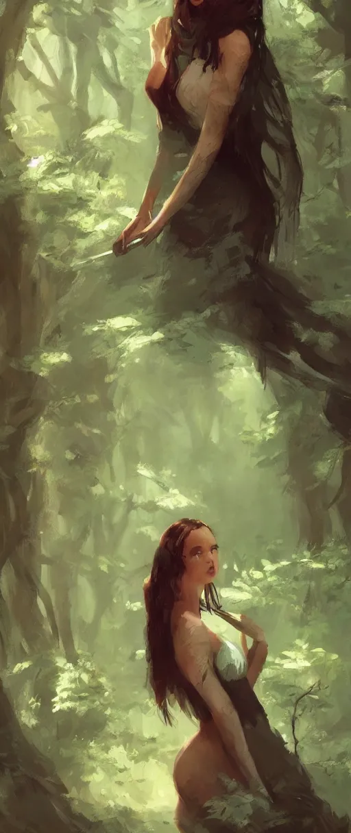 Image similar to A painting of a beautiful woman in a forest trending on artstation in the style of Greg Rutkowski