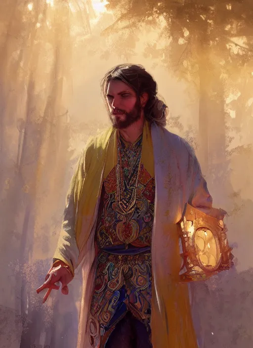 Image similar to a beautiful detailed painting of a gypsy male bard in colorful ornate robes robes, pale skin, white hair, yellow eyes, master of dreams art by jon foster trending on artstation painted by greg rutkowski, painted by stanley artgerm