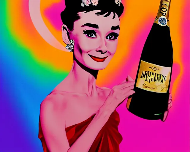 Image similar to audrey hepburn as a cancan dancer besides a big bottle of champagne in art deco style, hyper realistic, artstation, illustration, digital paint, matte paint, vivid colors, bright, cheerful, detailed and intricate environment