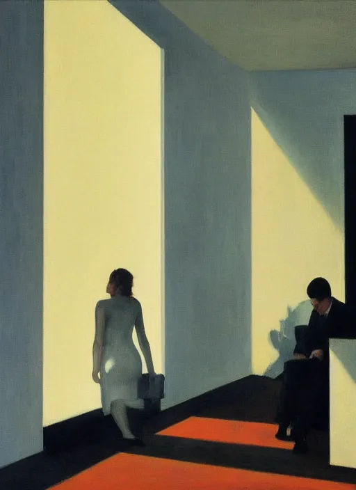 Prompt: hall of a mies van der rohe building painting by edward hopper dramatic light