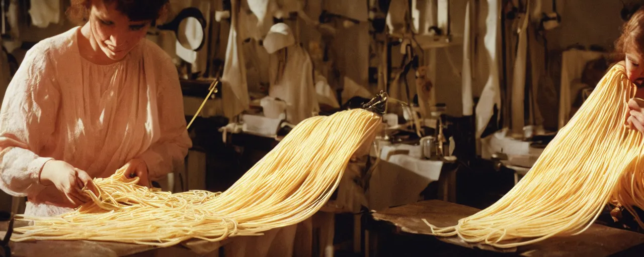 Prompt: a seamstress sewing a dress made of spaghetti, high detailed face, canon 5 0 mm, cinematic lighting, photography, retro, film, kodachrome, closeup