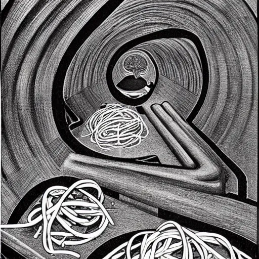 Prompt: spaghetti by m. c escher