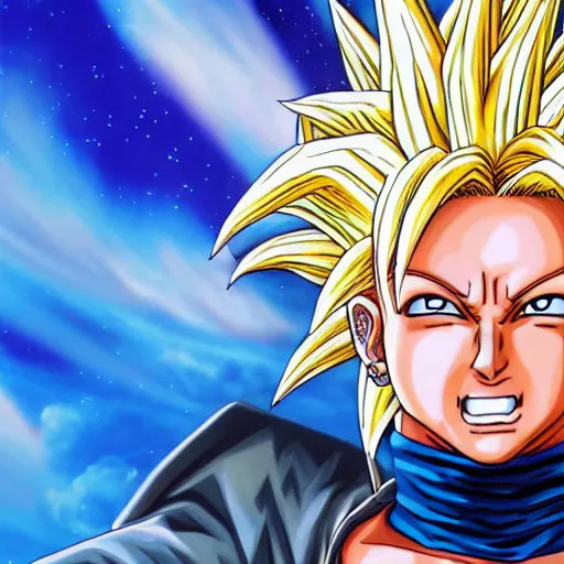 Image similar to ultra realistic portrait painting of britney spears as super saiyan, art by akira toriyama, 4 k, dragon ball artstyle, cel shaded, highly detailed, epic lighting