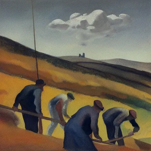 Prompt: “a painting of a group of people digging a well with pickaxes and spades in the Spanish mountains, surrounded by large grey rocks, the sun burning in the sky, in the style of Edward hopper”