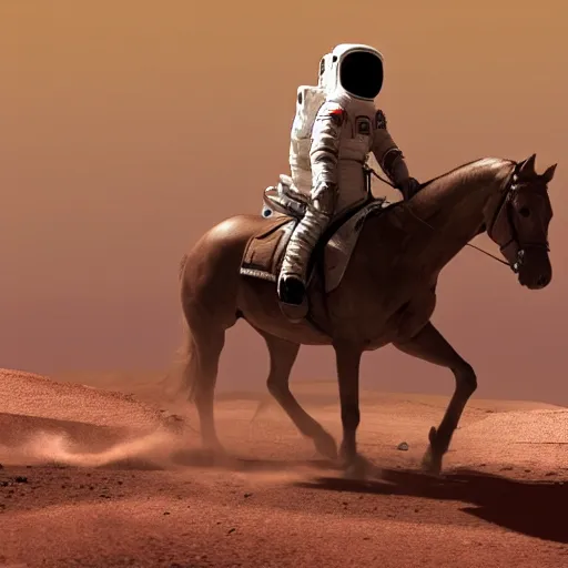 Image similar to A astronaut riding a horse on Mars, photorealistic, 4K