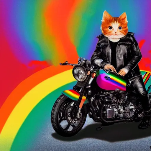 Image similar to wide angle full body, jacket wearing fluffy cute rainbow kitten wearing a black leather motorcycle jacket, cinematic concept art