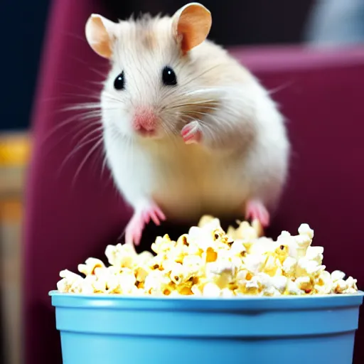 Image similar to photo of a hamster standing next to a bucket of popcorn, in a cinema, various poses, unedited, soft light, sharp focus, 8 k