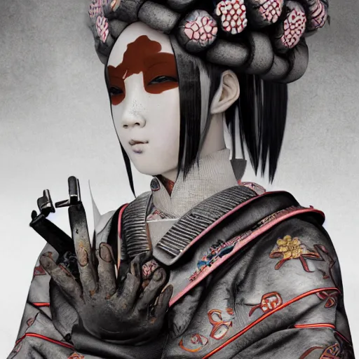 Prompt: japanese android geishas in a ceremony with extremely detailed respirators and head gear, inspired by die antwoord beautiful, hand painted textures, cloth physics, deviantart, karol bak, masamune shirow, black and white, beautiful kawaii lighting, photorealistic, concept art, perfect render, 3 d render, pixar, 8 k