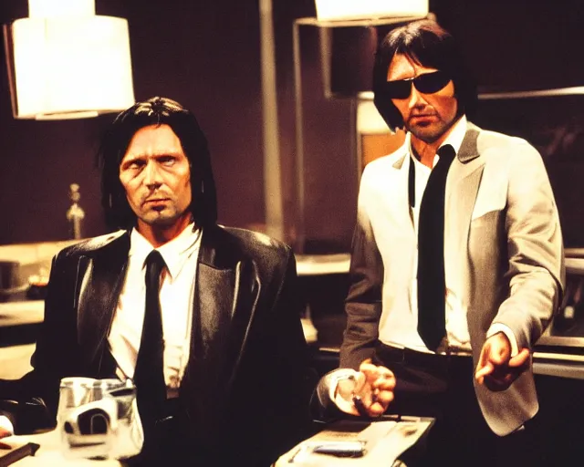 Image similar to detailed Mads Mikkelsen as Vincent Vega in Pulp Fiction with his partner Jules Winnfield, movie scene