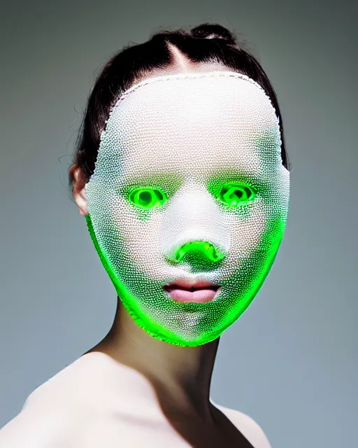 Image similar to portrait of a woman wearing a white embroidered translucent silicone mask and white green frizzy hair buns, wearing a black bodysuit by alexander mcqueen, cream white background, soft diffused light, biotechnology, humanoide robot, bjork aesthetic, translucent, by rineke dijkstra, intricate details, highly detailed, masterpiece,