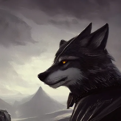 Image similar to an anthropomorphic wolf in a black doublet looking out over the hills, artstation hq, stylized, greg rutkowski, sharp focus, concept art, furaffinity fursona, furry, anthropomorphic