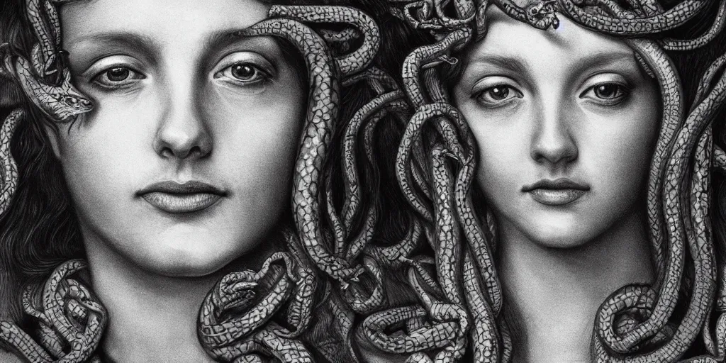 Image similar to realistic portrait of medusa with her snakes, golden, delicate, hyper realism, 1 4 5 0, ink, ultra realistic, 8 k