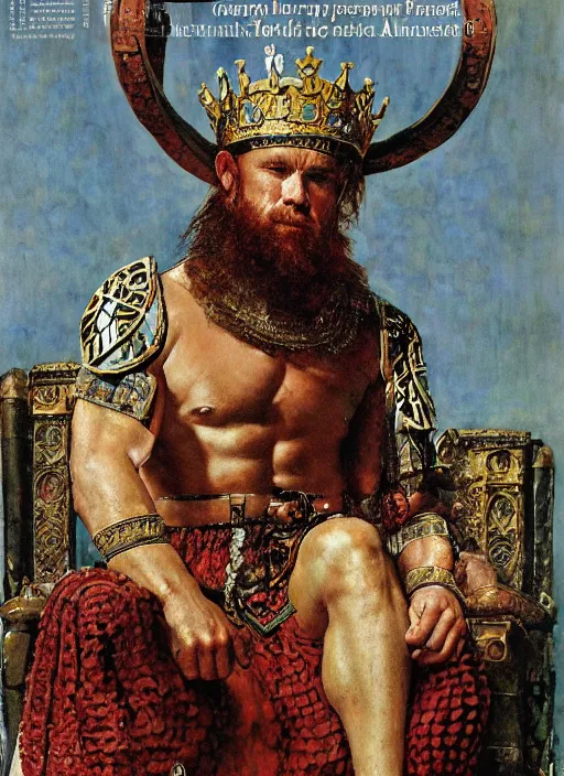 Prompt: head and torso portrait of mariusz pudzianowski as viking king sitting on throne, by lawrence alma tadema and rick berry and norman rockwell and greg staples