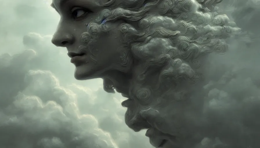 Prompt: face in the clouds, face made out of clouds, fantasy, dramatic, intricate, elegant, highly detailed, digital painting, artstation, concept art, smooth, sharp focus, illustration, art by gustave dore, octane render