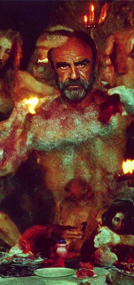 Prompt: a 3 5 mm color closeup macro hi def picture of sean connery as zardoz as he's accessing third eye second level during his 9 6 6 th birthday party along with female friends. everything is of the second level including plates of green bread and hams on the isle of kun lao. volumetric lighting with picoso hotdogs. atmospheric. scary fog national geographic.