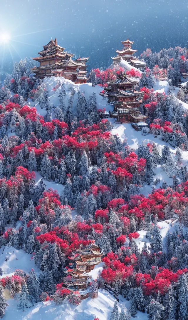 Prompt: a magnificent snow - covered palace at the top of changbai mountain, with sunlight pouring down and a sea of red petunia flowers at the foot of the mountain ， super wide angle ， chinese style ， matte painting ， rtx on ， trending on cgsociety and artstation, volumetric light ，