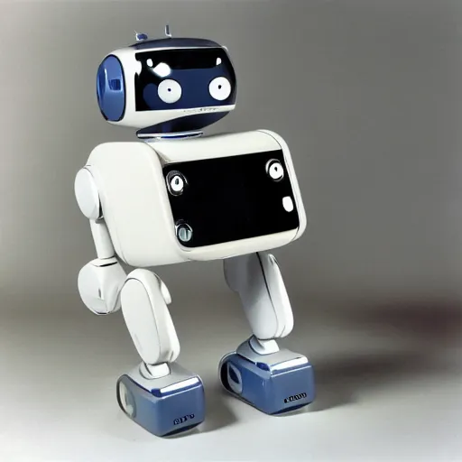 Prompt: personal robot product photo, 1 9 8 3, apple computer, mac, heathkit hero, r. o. b., omnibot