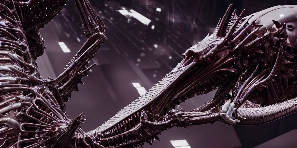 Prompt: star base, walking down the catwalk, stage, vogue photo, podium, fashion show photo, iris van herpen, beautiful woman, perfect body, full body shot, legendary dragon, inflateble shapes, masterpiece, guyver, giger, biomechanical details, denis villeneuve, movie still, cinestill, bokeh, artstation