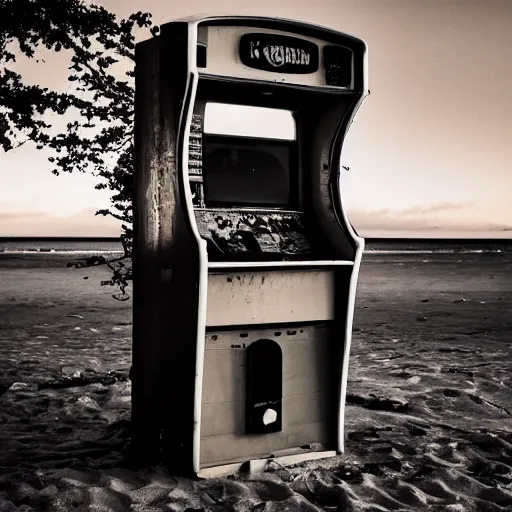 Image similar to an abandoned arcade machine on the beach at night. photograph in the style of simon stalenhag