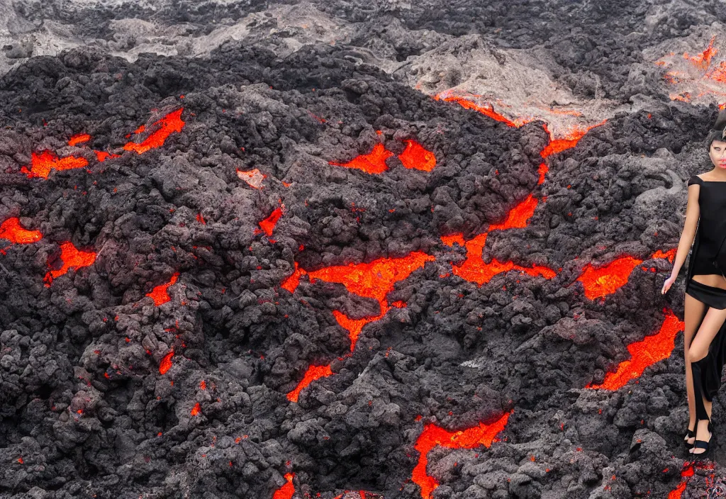 Image similar to fashion editorial in volcano eruption lava. wide angle shot. highly detailed.