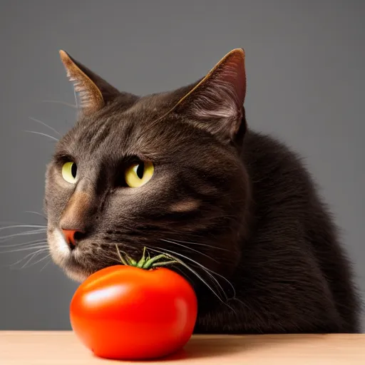 Image similar to photo of giant [ tomato ] next to a cat taken with canon eos - 1 d x mark iii, bokeh, sunlight, studio 4 k