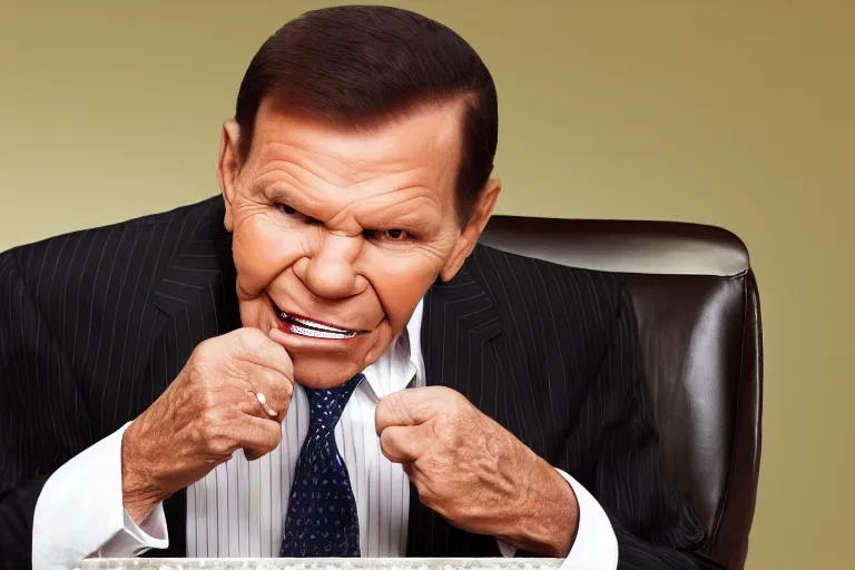 Prompt: kenneth copeland munching on money and dollar bills