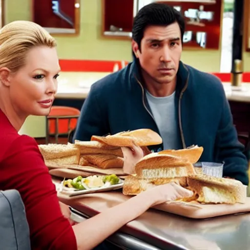 Prompt: catherine heigl and tenth is khan eating sandwiches at a diner, ultrarealistic, photorealistic, 8 k, ultra hd