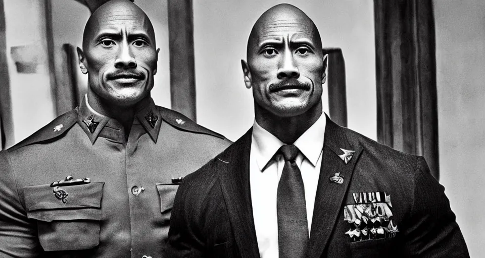 Image similar to dwayne johnson as joseph stalin, black and white photo, award winning