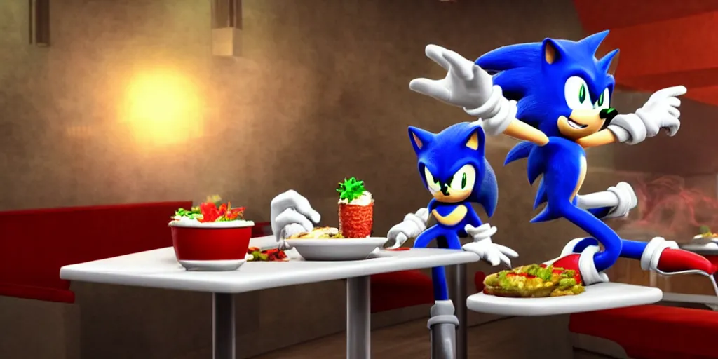 Image similar to A render of Sonic the Hedgehog sitting across from Shadow the Hedgehog at a restaurant, Sonic looks like he is shocked, Shadow is looking away in disgust, they both have hamburgers in front of them on a plate, movie, HDR, moody lighting, unique camera angle