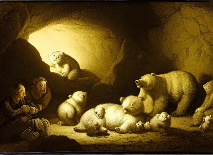 Image similar to Pieter Claesz's 'bear and her cubs sleeping in a dark cave lit by campfire', night time, cross hatching, framed