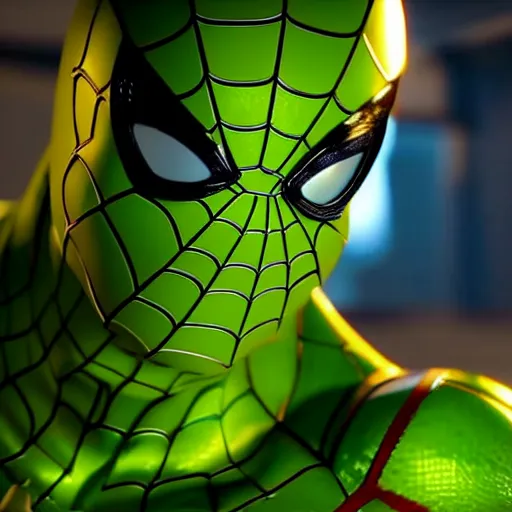 Prompt: still photo of green spider - man, highly detailed, photorealistic portrait, bright studio setting, studio lighting, crisp quality and light reflections, unreal engine 5 quality render