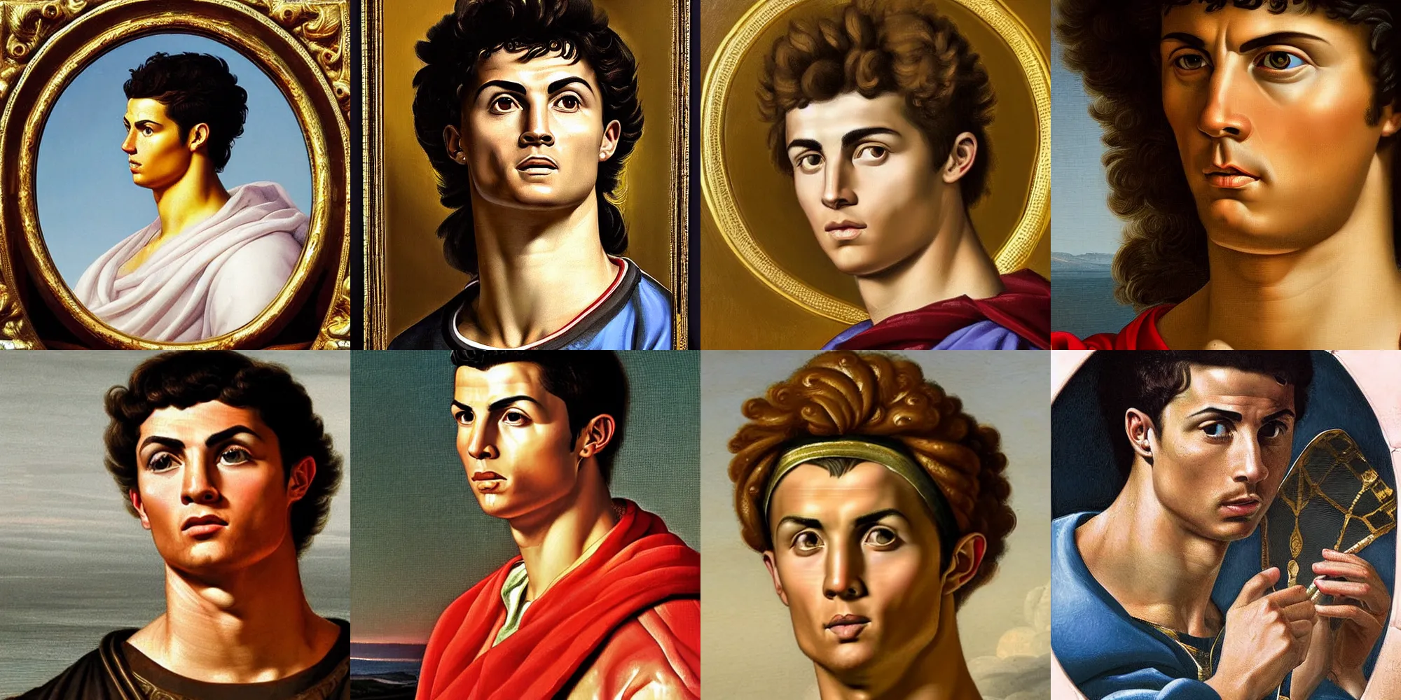 Prompt: Cristiano Ronaldo, jealous face, closeup, dressed in roman clothes, ultra detailed, art by Guido Reni style