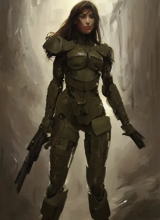 Image similar to a professional painting of a beautiful young female, clothed in military armor, olive skin, long dark hair, beautiful bone structure, symmetrical facial features, intricate, elegant, digital painting, concept art, smooth, sharp focus, illustration, from Metal Gear, by Ruan Jia and Mandy Jurgens and Artgerm and William-Adolphe Bouguerea