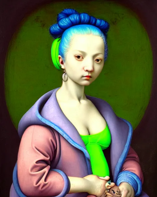 Prompt: portrait of a pale curvy woman with blue hair buns, wearing a neon green puffer jacket, standing in a botanical garden, intricate details, high detail, in a high renaissance style, in the style of jacopo da pontormo, by mark ryden, punk, asian art,