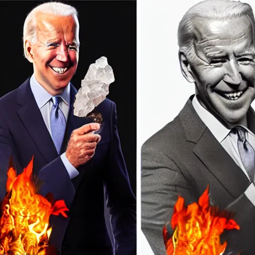 Image similar to UHD candid photo of Joe Biden holding up a big quartz crystal with Hunter Biden setting it on fire, UHD, photorealistic, correct face, photo by Annie Leibowitz