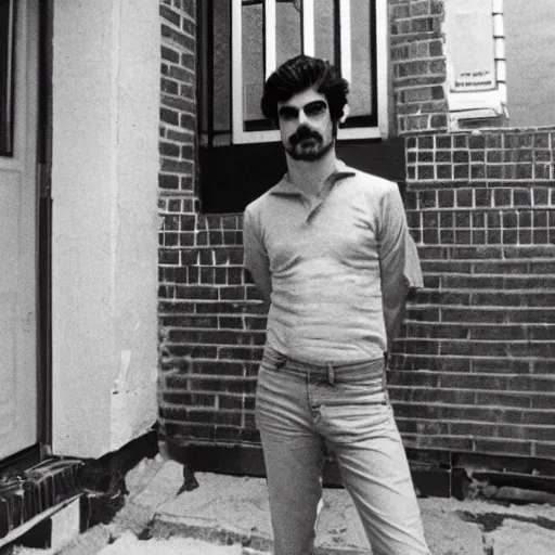 Prompt: a photo from 1 9 8 3 of yosef kavinsky standing in front of his new apartment by wes anderson