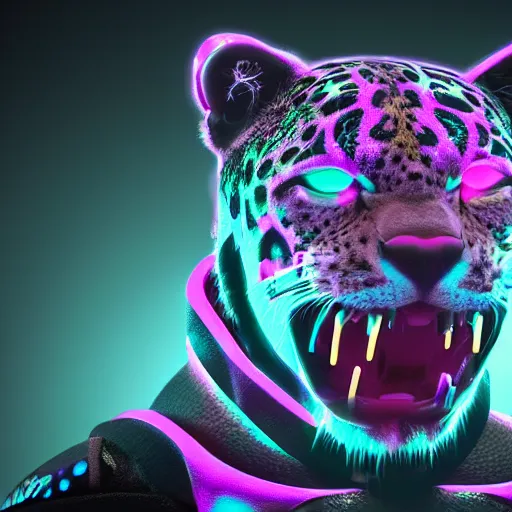 Image similar to portrait of a neon cyberpunk cyborg jaguar animal, octane render