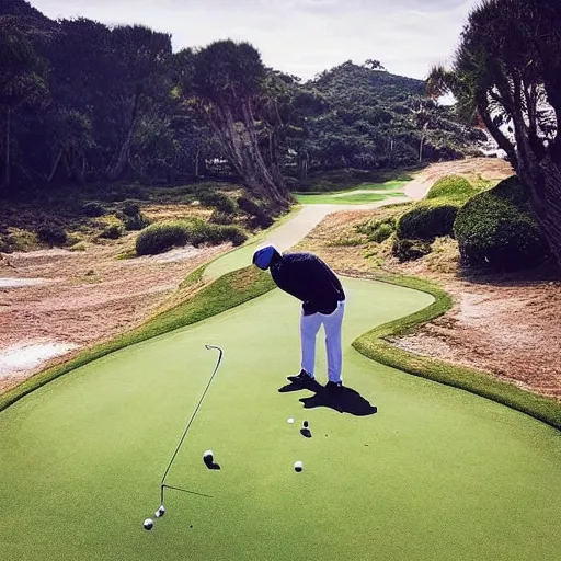 Prompt: “ a photo of a man playing extremely dangerous golf on an alien planet ”