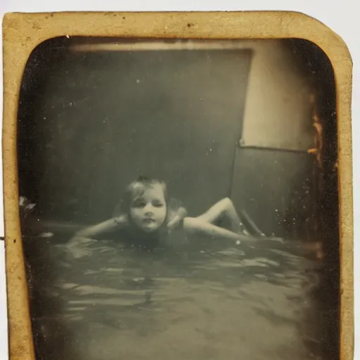 Prompt: tintype photo, swimming deep underwater, kid with huge Bigfoot