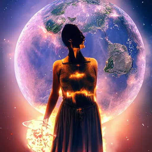 Prompt: a goddess, sci - fi aesthetics, on fire, photoshop, colossal, creative and cool, giant, photo manipulation, planets, earth, outer space, smoke, destruction