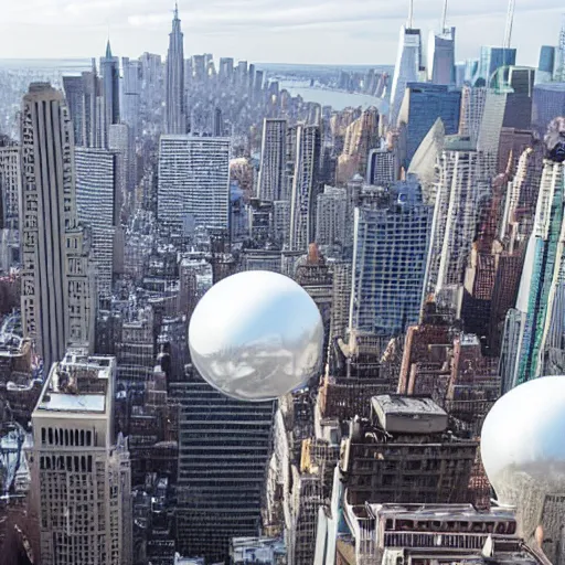 Prompt: dozens of huge metallic white spheres float above the skyline of new york city