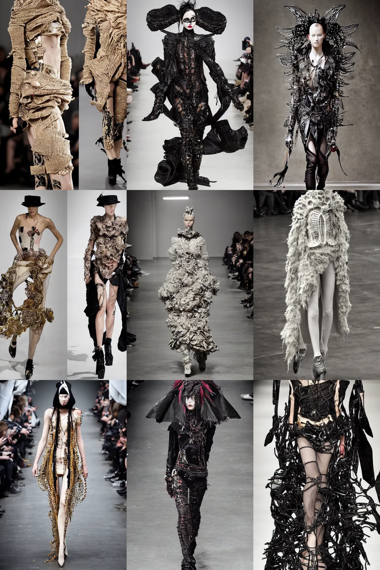 Prompt: beautiful avant garde fashion look and clothes, we can see them from feet to head, highly detailed and intricate, hypermaximalist, luxury, elite, cinematic, designer fashion, Rick Owens, Yohji Yamamoto, Y3, ACRNYM, outfit photo