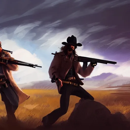 Prompt: gun duel between two gunslinggers, backlight confrontation, far steppes background, windy environment, concept art, artstation, digital art, wide angle