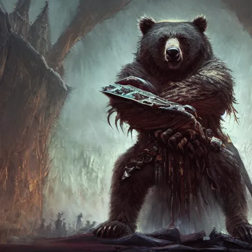 Image similar to Bear, Anthropomorphized, as scarred warlord general on throne, magic the gathering artwork, D&D, fantasy, cinematic lighting, centered, symmetrical, highly detailed, digital painting, artstation, concept art, smooth, sharp focus, illustration, volumetric lighting, epic Composition, 8k, art by Akihiko Yoshida and Greg Rutkowski and Craig Mullins, heroic pose, oil painting, cgsociety, Battlefield background, explosions, arrows